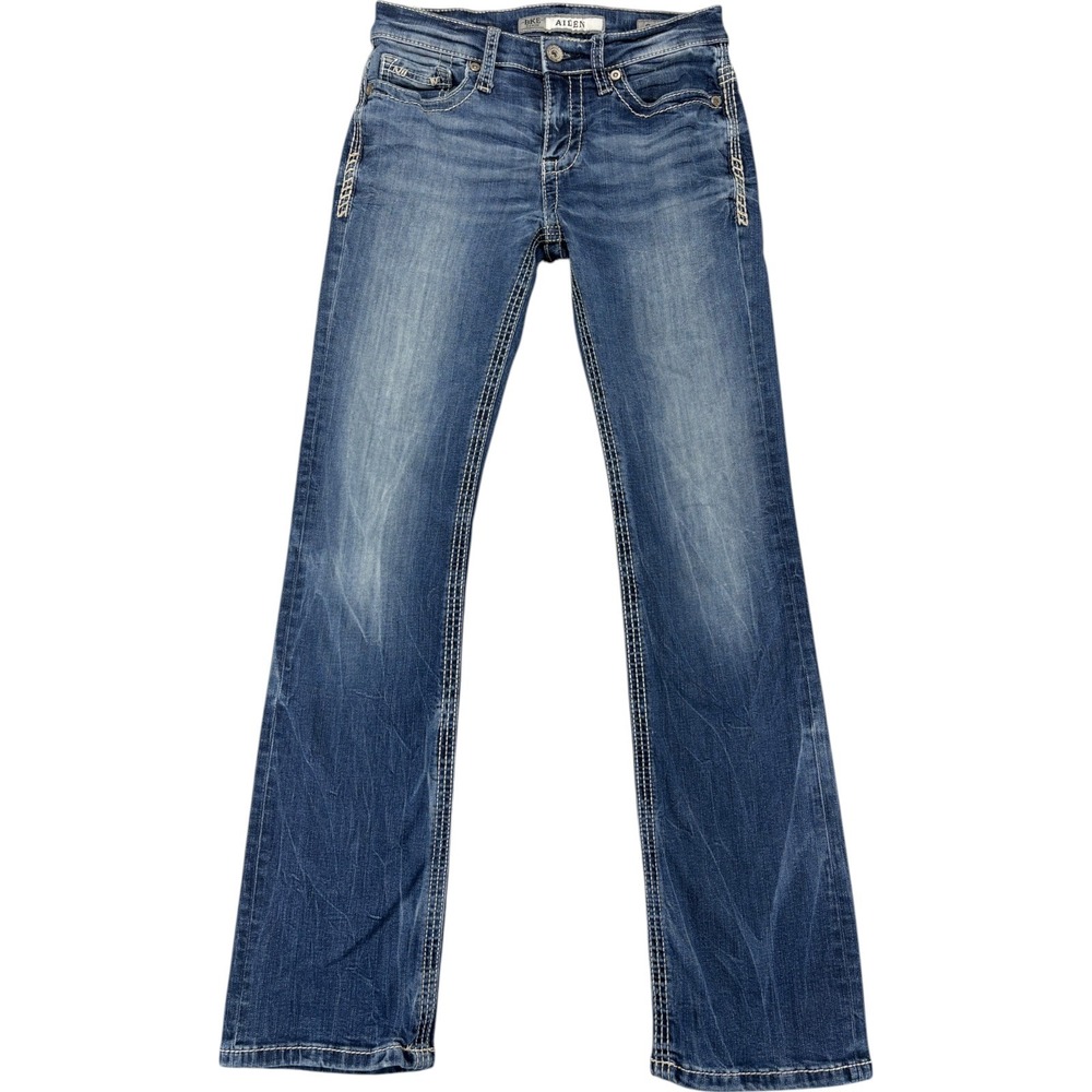 BKE Aiden Jeans Women's 28R Bootcut Mid Rise Stretch Whiskered Dark Wash Denim - Picture 1 of 12